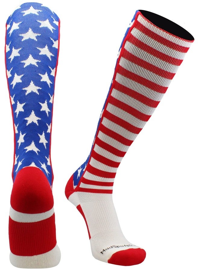MadSportsStuff USA American Flag Stars and Stripes Over the Calf Socks (Royal/Red/White, Small) - Patriotic Knee High Socks for Softball, Baseball, Football, Soccer & More - Patriotic Sports Socks